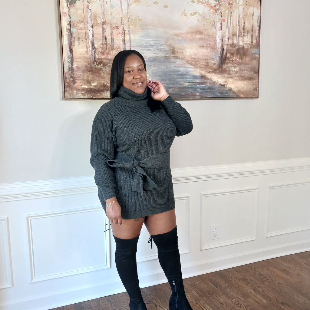 Terri's Loose Neck Belted Sweater Dress